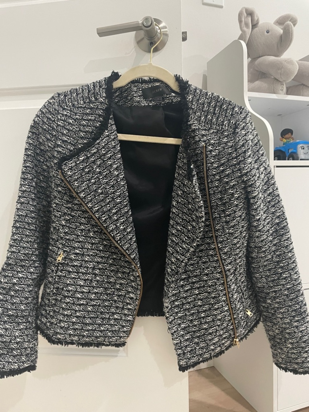 J. Crew Black & White Tweed Zip Pocket Cropped Jacket